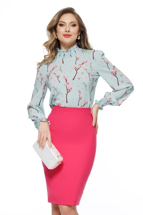 Bluza Fofy dama turcoaz eleganta imprimeu flori de cires mansete late incretite