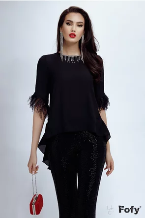 Bluză Fofy dama eleganta de seara din voal negru asimetrica cu pene la maneci si colier cu strasuri