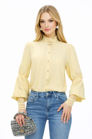 Bluză Fofy elegantă din voal galben cu mansete late din dantela