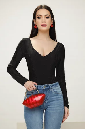 Body dama elegant decoltat cu aplicatii de strasuri