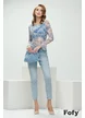 Body dama elegant din tul albastru cu imprimeu floral cu fronseuri spectaculoase