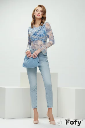 Body dama elegant din tul albastru cu imprimeu floral cu fronseuri spectaculoase