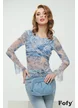 Body dama elegant din tul albastru cu imprimeu floral cu fronseuri spectaculoase