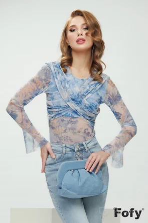 Body dama elegant din tul albastru cu imprimeu floral cu fronseuri spectaculoase