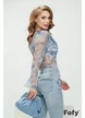 Body dama elegant din tul albastru cu imprimeu floral cu fronseuri spectaculoase