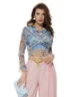 Body dama elegant din tul albastru cu imprimeu floral cu fronseuri spectaculoase