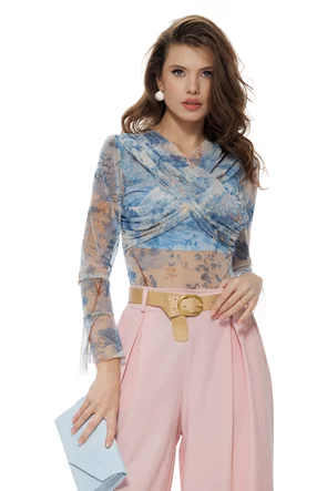 Body dama elegant din tul albastru cu imprimeu floral cu fronseuri spectaculoase