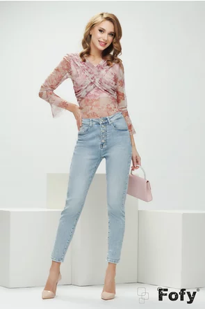 Body dama elegant din tul roz cu imprimeu floral cu fronseuri spectaculoase