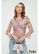 Body dama elegant din tul roz cu imprimeu floral cu fronseuri spectaculoase