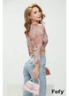 Body dama elegant din tul roz cu imprimeu floral cu fronseuri spectaculoase