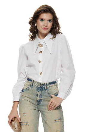 Camasa dama alba eleganta cu guler amplu ascutit si nasturi diferiti