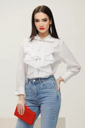 Camasa dama alba eleganta cu jabou plisat si funda din bumbac 100%