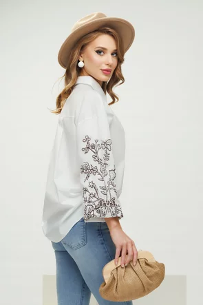 Camasa dama alba eleganta din bumbac 100% brodata pe maneci cu margele
