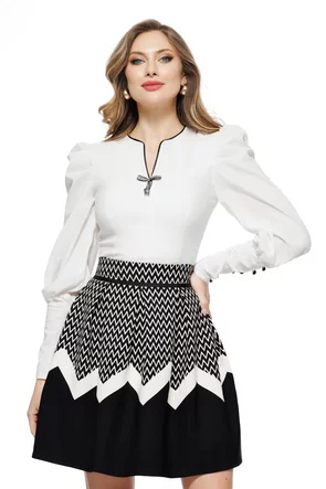 Camasa dama alba eleganta Fofy cu mansete late contururi negre si fundita