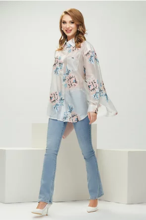 Camasa dama alba premium din matase tencel cu broderie florala si aplicatii din margele