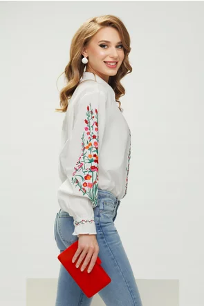 Camasa dama alba traditionala din bumbac 100% cu broderie florala multicolora