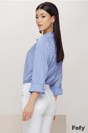 Camasa dama bleu cu dungi albe premium cu aplicatii de strasuri