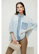 Camasa dama casual premium din bumbac bleu cu insertii de blug si cristale