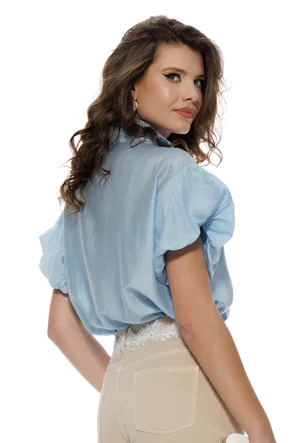 Camasa dama diafana premium din organza de vascoza baby blue cu nasturi estivali diferiti