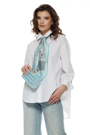 Camasa dama eleganta alba din bumbac 100% cu esarfa satinata aqua