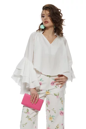 Camasa dama eleganta alba din bumbac croi larg cu volane ample