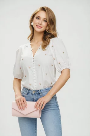 Camasa dama eleganta alba din bumbac premium cu floricele romantice brodate