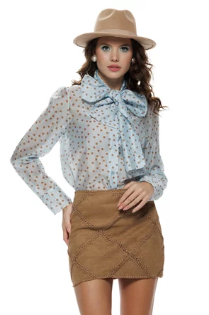 Camasa dama eleganta baby blue din organza de tencel cu buline si funda maxi innodata