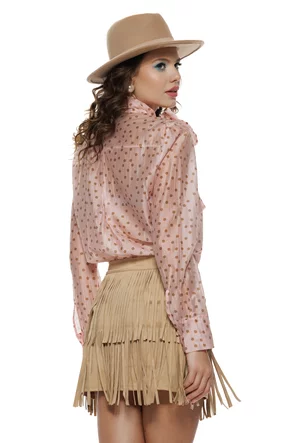 Camasa dama eleganta cristal rose din organza de tencel cu buline si funda maxi innodata