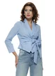 Camasa dama eleganta cu revere fronseuri si funda din bumbac baby blue cu dungi revere
