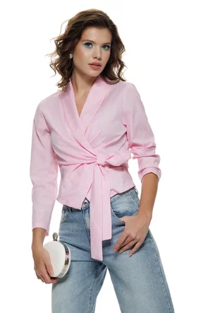 Camasa dama eleganta cu revere fronseuri si funda din bumbac cristal rose cu dungi revere