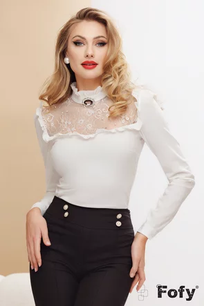 Camasa dama eleganta Fofy alba cu platca din dantela premium cu perle si strasuri