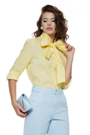 Camasa dama eleganta galben lemon juice din bumbac usor elastic cu esarfa innodata