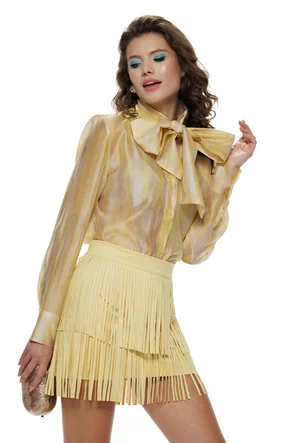 Camasa dama eleganta galben lemon juice din organza de tencel in degrade si funda maxi innodata