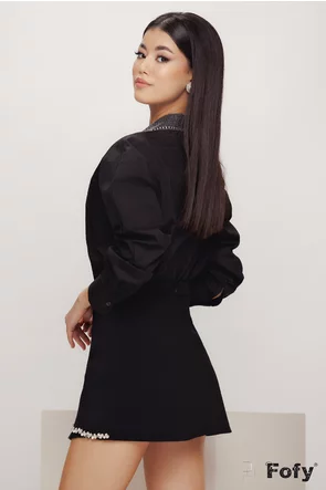Camasa dama eleganta neagra premium din bumbac 100%  cu aplicatii si strasuri