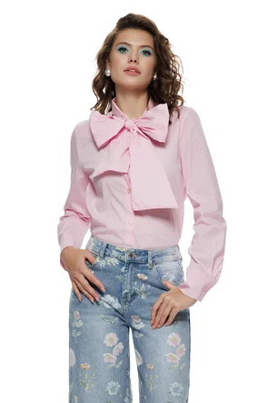 Camasa dama eleganta roz din bumbac usor elastic cu esarfa innodata