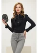 Camasa dama Fofy neagra premium cu jabou elaborat conturat cu dantela si nasturi cu strassuri