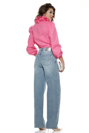 Camasa dama Fofy roz cu volane ample si nasturi tip bijuterie