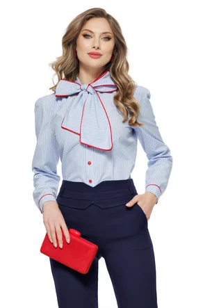 Camasa dama office Fofy din bumbac cu dungi si funda maxiunda maxi