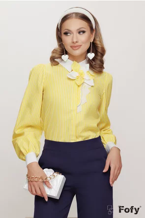 Camasa dama office Fofy din bumbac galben in dungi cu dantela aplicata si floare detasabila aplicata