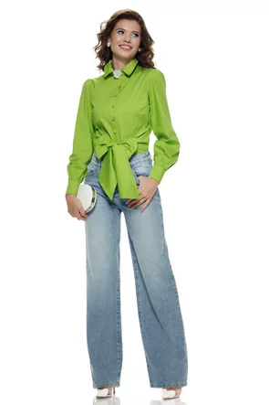 Camasa dama office Fofy din bumbac verde lime cu  funda supradimensionata in talie brosa decorativa la guler