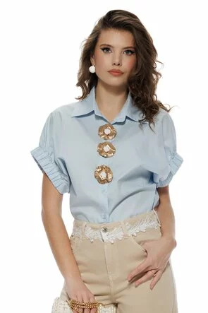 Camasa dama premium baby blue din vascoza cu bumbac aplicatii metalice sofisticate