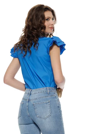 Camasa Fofy albastra de vara din bumbac usor elastic cu jobou, maneci cu volane si nasturi decorativi