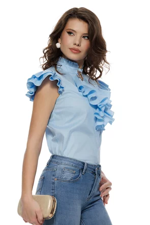 Camasa Fofy baby blue de vara din bumbac usor elastic cu jobou, maneci cu volane si nasturi decorativi