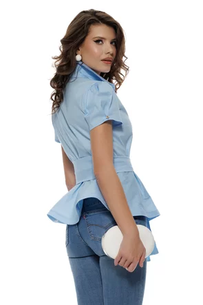 Camasa Fofy baby blue peplum  si cordon detasabil cu accesoriu metalic auriu