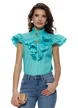 Camasa Fofy turquoise de vara din bumbac usor elastic cu jobou, maneci cu volane si nasturi decorativi