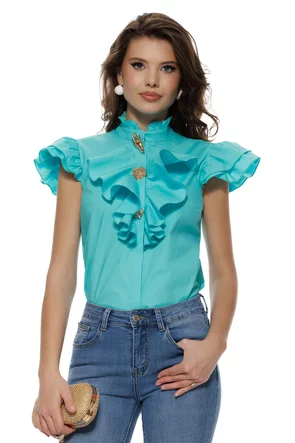 Camasa Fofy turquoise de vara din bumbac usor elastic cu jobou, maneci cu volane si nasturi decorativi