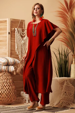 Compleu dama de vara din vascoza premium vino rosso cu pantalon drept si bluza lunga asimetrica