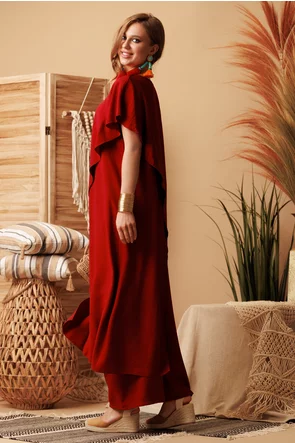 Compleu dama de vara din vascoza premium vino rosso cu pantalon drept si bluza lunga asimetrica