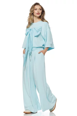 Compleu dama din bumbac premium aqua pantalon si bluza cu funda