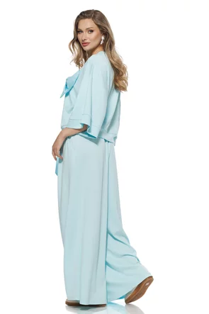 Compleu dama din bumbac premium aqua pantalon si bluza cu funda